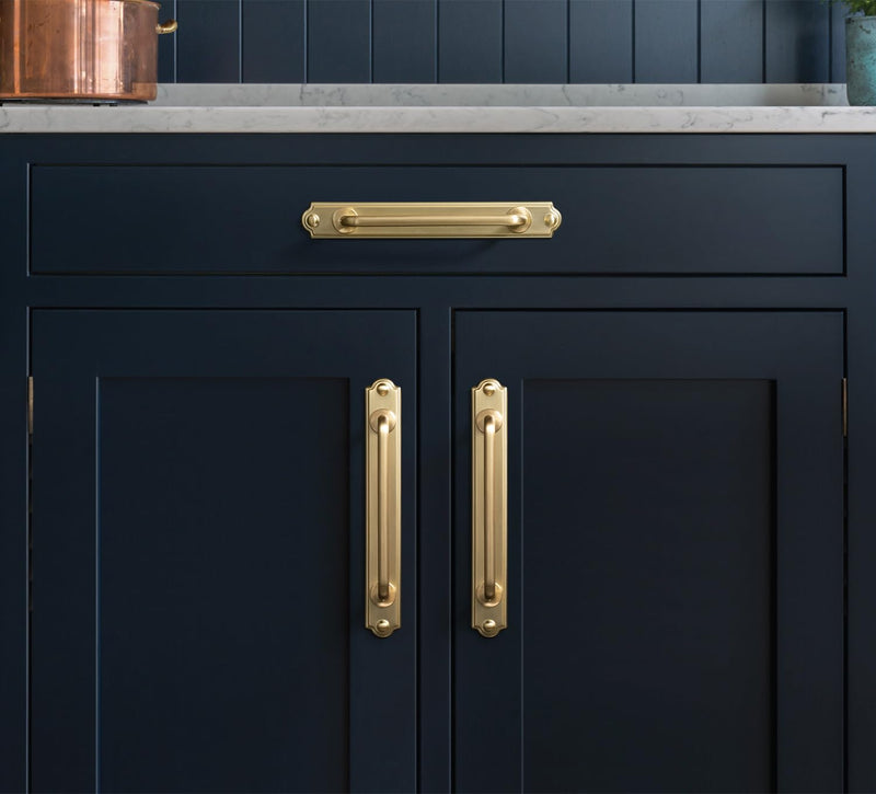 Goo-Ki 5.04" c-c Cabinet Handles Brushed Brass Solid Zinc Alloy Drawer Pulls with Plate - 2 Pack Bar Cabinet Pulls Kitchen Hardware Dresser Handles with Spacer 5.04"(128mm) Center to Center