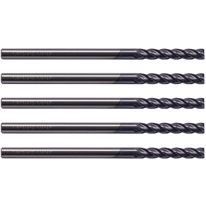 BestParts 5Pcs 1/8" 4 Flute Solid Carbide Long Square End Mill AlTiN Coated | 30 Degree Helix, 1/8" Cutting Diameter, 1/8" Shank Diameter, 3/4" Length of Cut, 2-1/4" Overall Length 1/8" x 3/4" x 2-1/4" 5