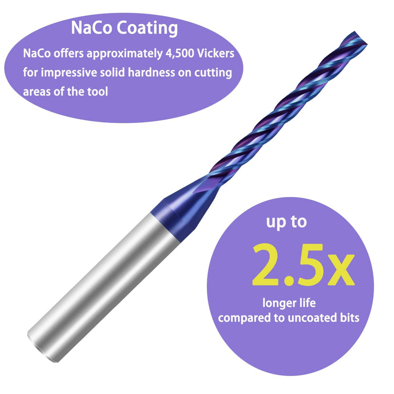 NACO Coating Up Cut Spiral CNC Router Bit 1/4 inch Shank 1/8 inch Cutting Diameter End Mill for Wood Cutting Carving Size 1/8x1-1/4x 2-1/2" (UPCUT, 2) UPCUT