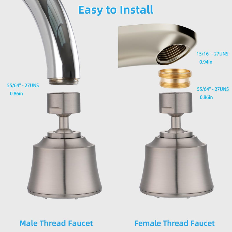 iFealClear Kitchen Sink Faucet Head, 360° Faucet Sprayer Attachment for Kitchen Faucet, Large Angle Faucet Aerator 55/64-27UNS, 2 Metal Swivel Joints, 4 Spray Modes, Brass Adapters, Brushed Nickel 2 Swivel Joints Brushed Nickle