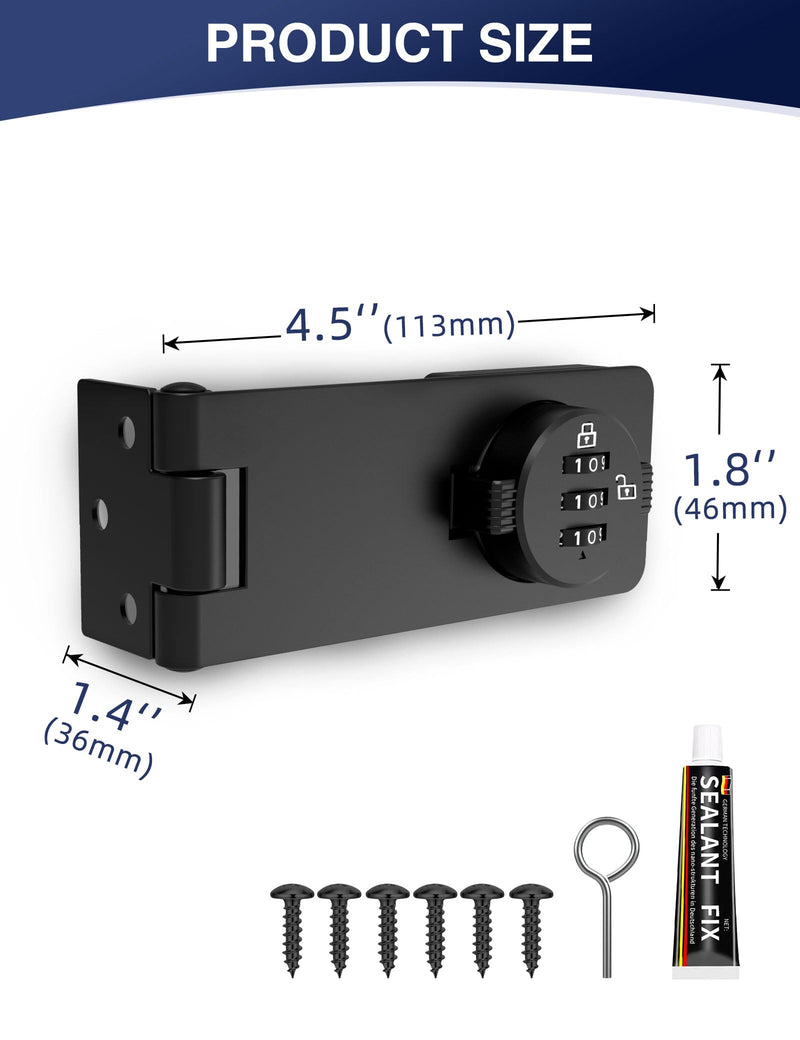 Keyless Cabinet Combination Lock, 3-Digit Password Twist Knob Hasp Latch for Doors, Cabinets, Drawers, Barn Door, Bathroom, Outdoor, Closet, Fence, Durable Zinc Alloy, (Black, 1 Pack) Black