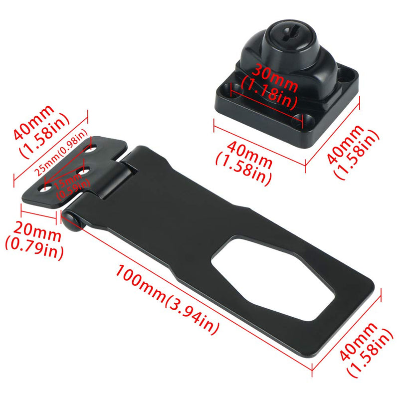 Alise Keyed Hasp Lock,4 Inch Safety Packlock Clasp Hasps Latch,Black Door Hinge Lock with Keys Keyed Locking Hasps for Cabinet,Closet,Drawer, Barn,Fence,Garage Doors 4 Inch Black