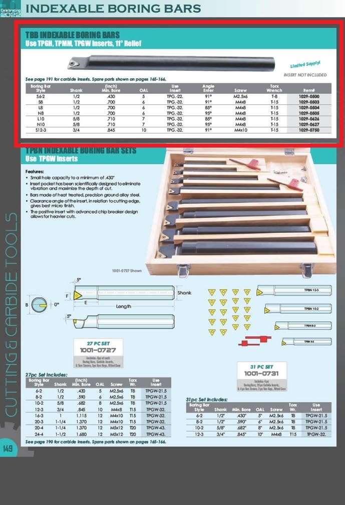 HHIP 1029-0626 TBBL10 Indexable Boring Bar 7" OAL, 5/8" Shank L10 Boring Bar Style