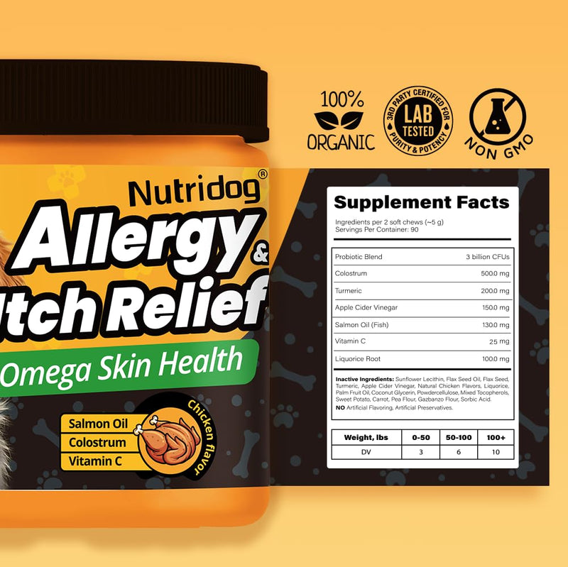Allergy Chews for Dogs - Dog Itching Skin Relief & Seasonal Allergy Support with Chamomile - Salmon Oil, Quercetin - Probiotic Anti-Itch Supplement for Dogs - Chicken Flavor - 90 Count