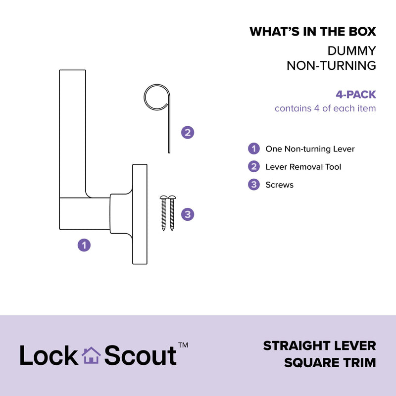 Lock Scout Straight Lever with Square Trim Dummy Door Handle, Matte Black Finish, 4 Pack