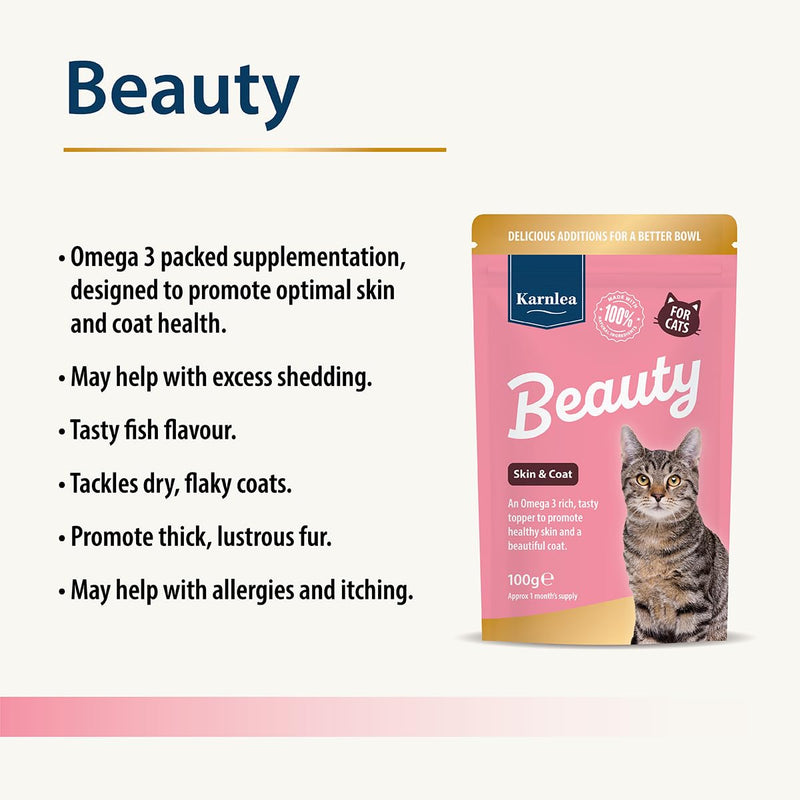 Beauty for Cats 100g | Skin & Coat Supplement for Cats | Omega 3 for Cat | Less Moulting & Shedding | Dry, Dull Coat | Tasty Topper | Fussy Eaters | Itchy Cats & Immunity | Salmon Oil Alternative Beauty