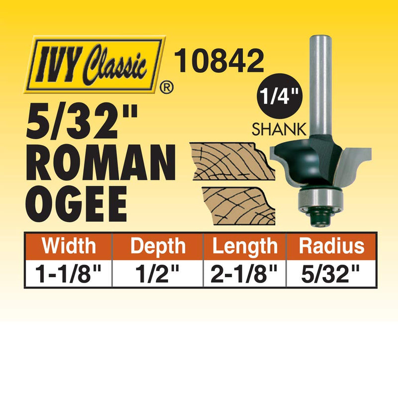 IVY Classic 10842 5/32" Radius Roman Ogee Carbide Router Bit with Ball Bearing, 1/4" Shank, 1/Hang Box, Radius: 5/32", Width: 1-1/8" Radius: 5/32", Width: 1-1/8"