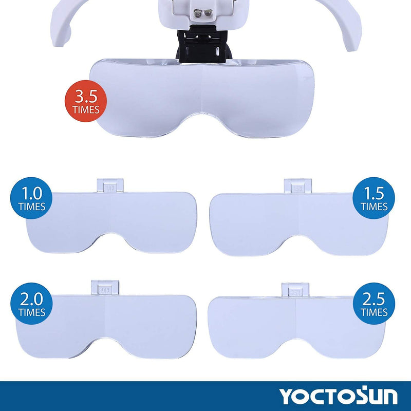 YOCTOSUN Magnifying Glasses with Light, Head Mount Magnifier with 5 Lenses, Headband, Storage Case, Hands Free LED Lighted Head Magnifying Visor for Close Work Hobby Crafts Led Head Magnifier with Storage Case