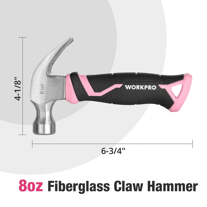 WORKPRO 8 oz Claw Hammer with Fiberglass Handle, All Purpose Hammer with Forged Hardened Steel Head, Smooth Face & Shock Reduction Grip - Pink Ribbon 8oz
