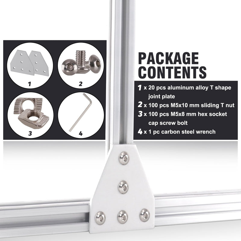 20Pcs 2020 Corner Bracket Joint Plate T Shape 5 Hole Aluminum Extrusion Connector with 100Pcs T-Nuts, 100Pcs Screws and 1Pc Wrench for 20 x 20mm Series Aluminum Extrusion Profile 20Pcs T Shape