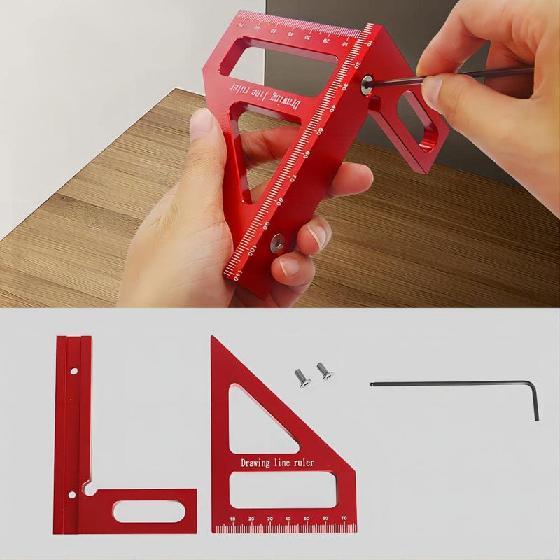 3D Multi-Angle Measuring Ruler,45/90 Degree Aluminum Alloy Woodworking Square Protractor,Drawing Line Ruler, Miter Triangle Ruler High Precision Layout Measuring Tool for Engineer Carpenter,R Red(Metric)