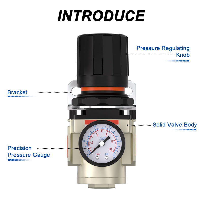 AIROE 1/4" NPT Air Pressure Regulator,Compressed Air System,Mini Air Regulator AR3000-02,0-150 PSI Gauge 1/4"NPT AR3000-2