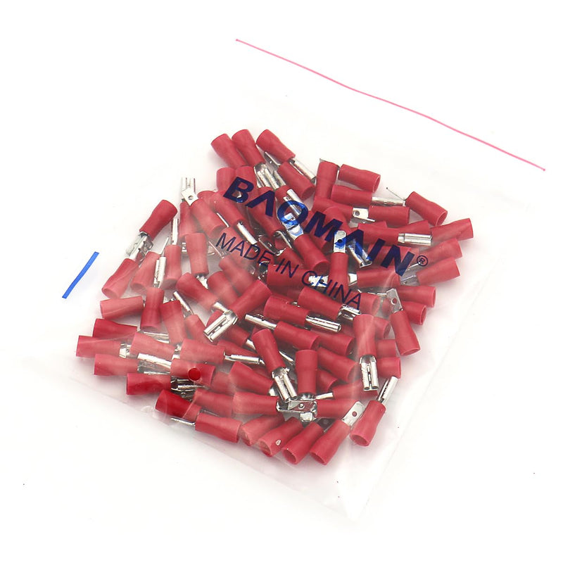 Baomain 0.11" Red Female/Male Insulated Spade Wire Connector Electrical Crimp Terminal 22-16 AWG 2.8 x 0.5mm Pack of 100