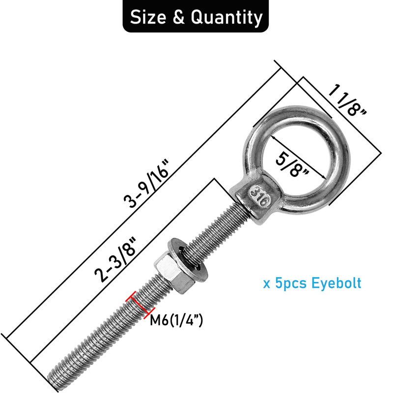 Eye Bolts, 5pack 1/4" x 2-3/8" Heavy Duty Shoulder Lifting Ring Threaded Eyebolts with Nuts Washers 316 Stainless Steel Marine Grade Eyebolt M6*60-5pack - NewNest Australia