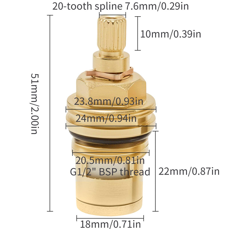 Ceramic Stem G1/2" BSP Thread 20-Tooth Spline Ceramic Disc Cartridge Hot and Cold Stem for Standard Faucets Bathroom Kitchen, Lead Free