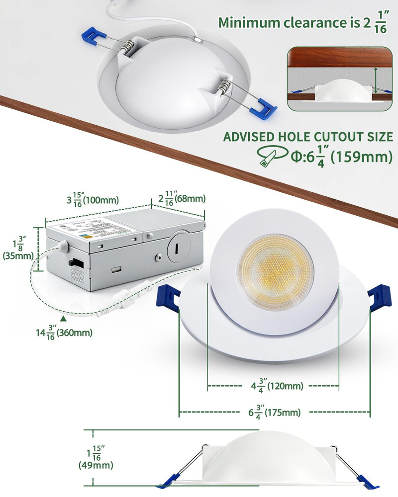 zouzai 6 Inch Gimbal LED Recessed Lights, White, 1 Pack, with Junction Box, 360°+ 90° Adjustable, 5CCT 2700K-5000K, Dimmable, Canless Eyeball Downlight, CRI90+, 1700LM 15W 120V, ETL White-6 inch
