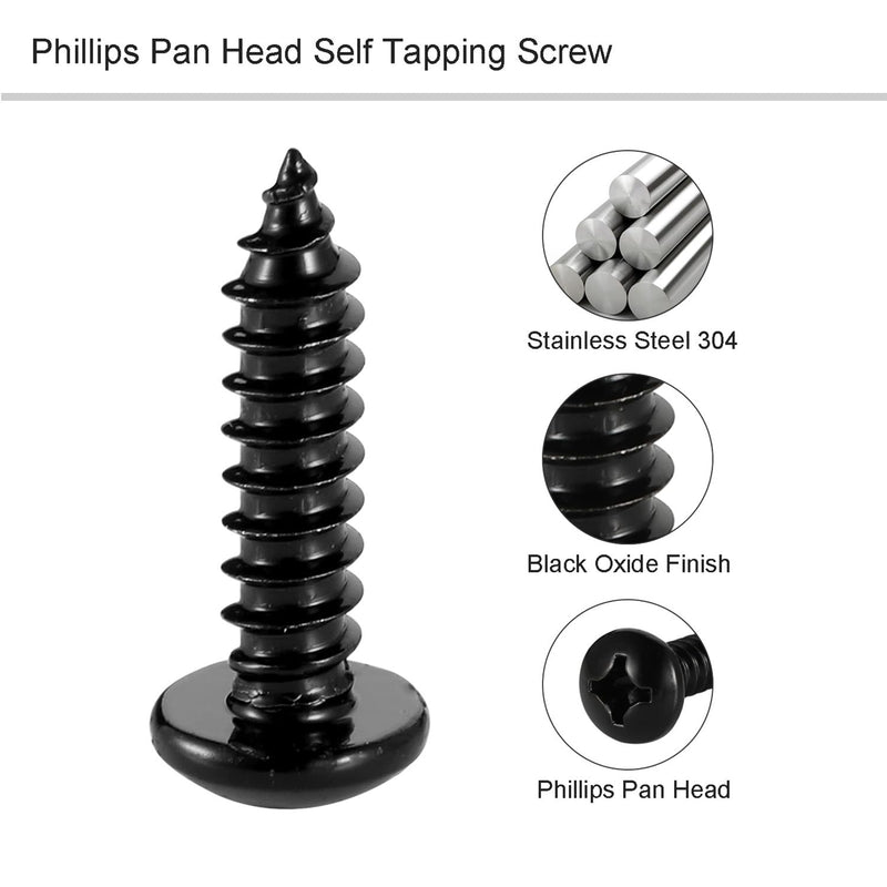#6 x 3/8" Phillips Pan Head Self Tapping Screw, Pan Head Sheet Metal Screws Wood Screws, Black Oxide Stainless Steel 304 (18-8), 100 Pack #6×3/8"