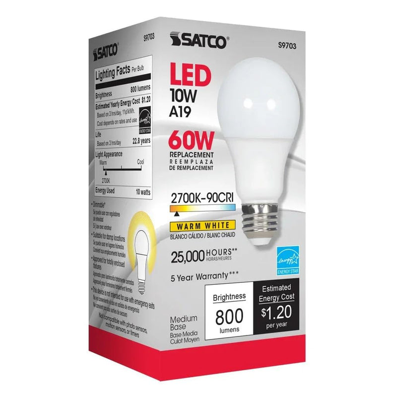 Satco S9703 10W A19 LED Light Bulb, 2700K Warm White, 800 Lumens, 90+ CRI, Frosted, 220° Beam Spread, Medium E26 Base, Dimmable, 120V, 25,000 Hr, Enclosed Fixture Rated, Energy Saving (6 Pack)