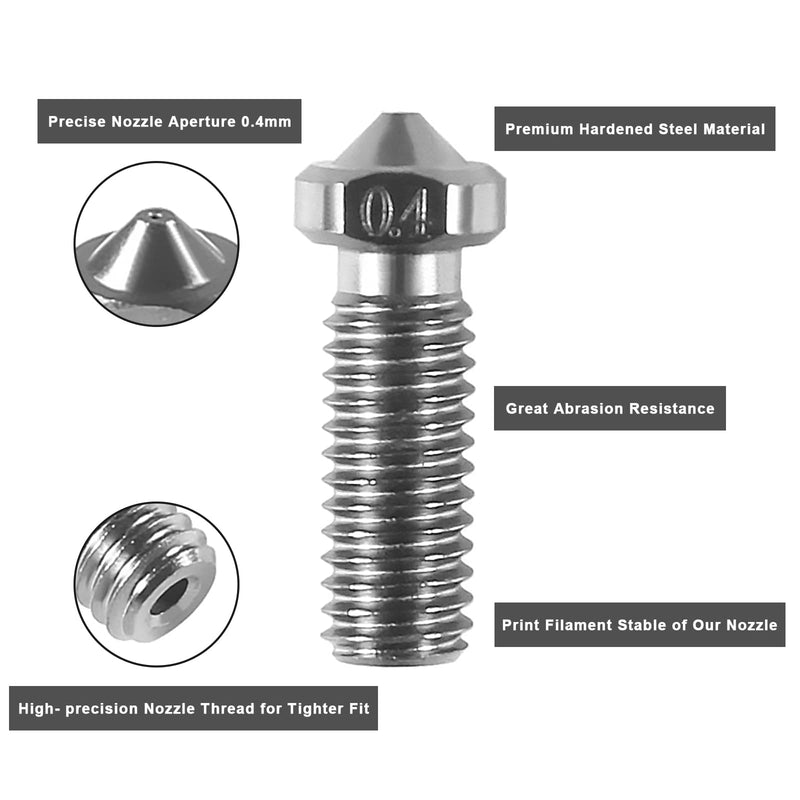 6PCS Volcano Nozzles 0.4mm Hardened Steel Nozzle Extruder Printed Head High Temperature Nozzle for V6 Hotend 3D Printer 1.75mm filaments 6pcs 0.4mm hardened steel nozzle