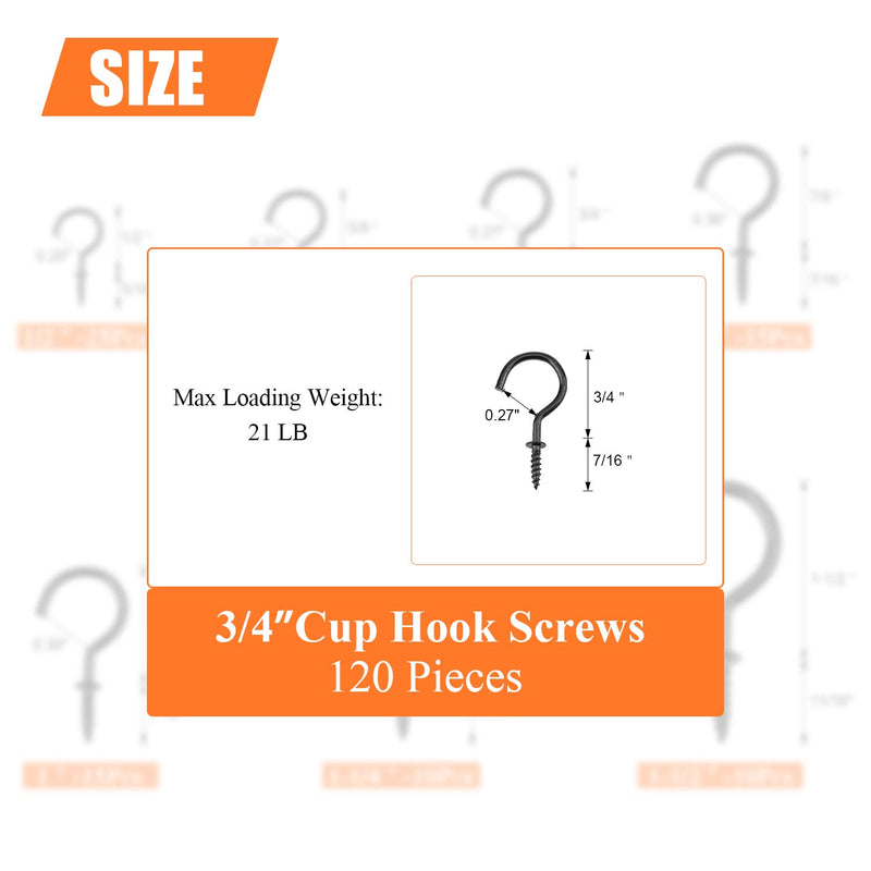 120 Pieces 3/4 inch Cup Screw Hooks, Screw-in Hooks, Ceiling Hooks, Self-Tapping Screws Hooks, Hanging Hooks, Screw Hooks, Black