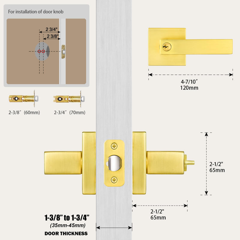 Gold Door Handles Door Knobs with Lock,Satin Brass Door Lever Keyed Front Entry Door Handle Interior/Exterior (1 Pack) Entry - 1 Pack - Not Keyed Alike Satin Brass