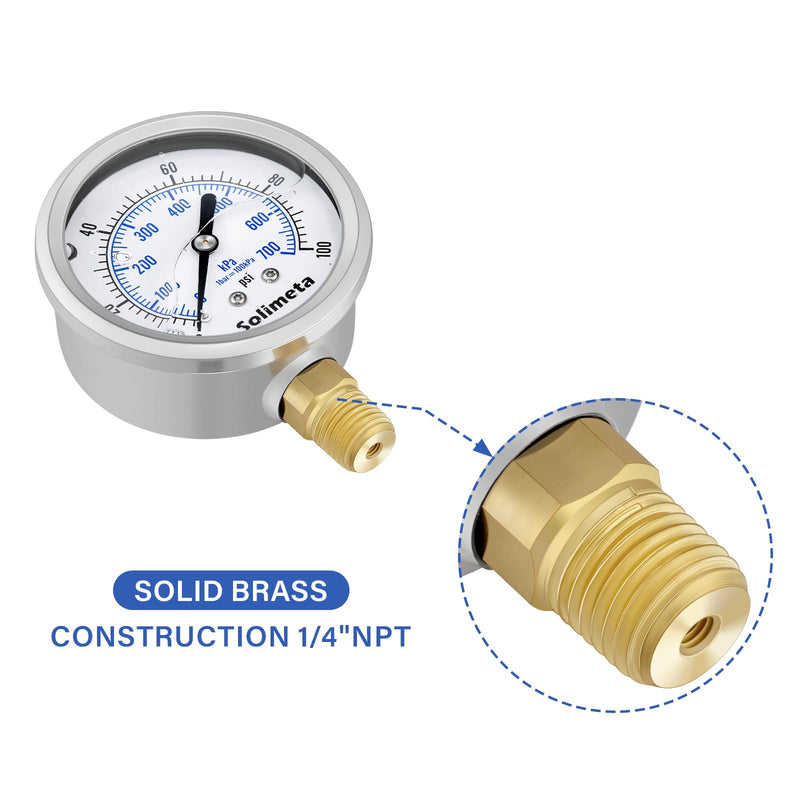2-1/2" Dial Size, Oil Filled Pressure Gauge, 100psi Pressure Gauge, 1/4" NPT Lower Mount, with Brass Test Plug 1/4"NPT Female with Gauge