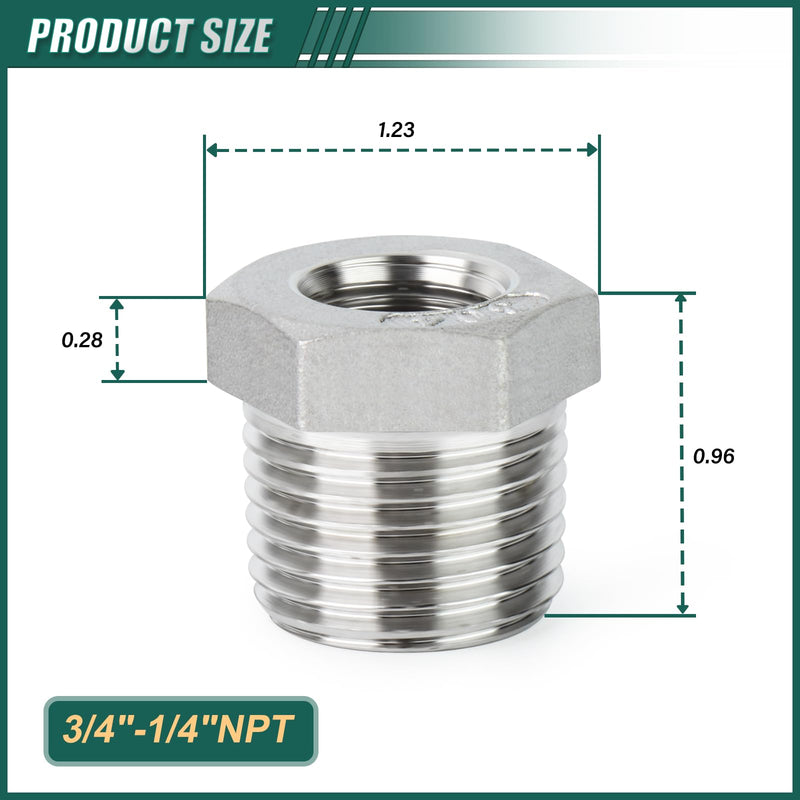5PCS 304 Stainless Steel Reducer Hex Bushing, 3/4" NPT male x 1/4" NPT Female, Reducing Pipe Adapter Fitting 3/4" MNPT x 1/4" FNPT 5
