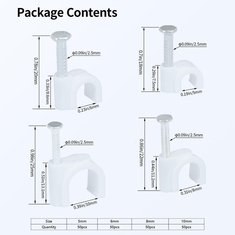 LeMotech 200pcs Cable Clips 5/6/8/10mm Cable Nail Clips Cable Tacks Coaxial Nail Clamps for Cable Cord Management RG6 RG59 CAT5 CAT6 RJ45 Electrical Ethernet Coaxial Clamps, White Round (5/6/8/10mm) 200