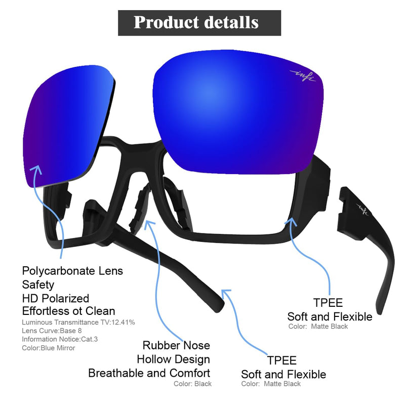 INFI Fishing Sunglasses Men Women Polarized Polycarbonate Lens Safety Protection Black Glasses Driving Golf Running Sports Matte Black / Blue Mirror Lens
