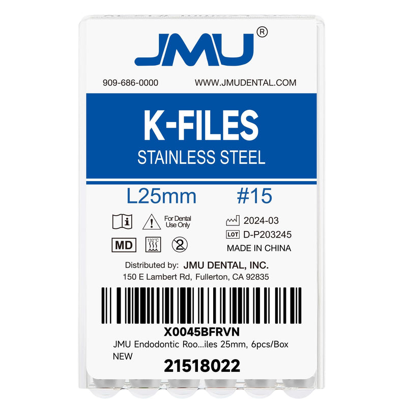 JMU Endodontic Root Canal K Files, Stainless Steel Hand Use K-Files 25mm, 6pcs/Box (1, #15 (25mm)) #15 (25mm) 1