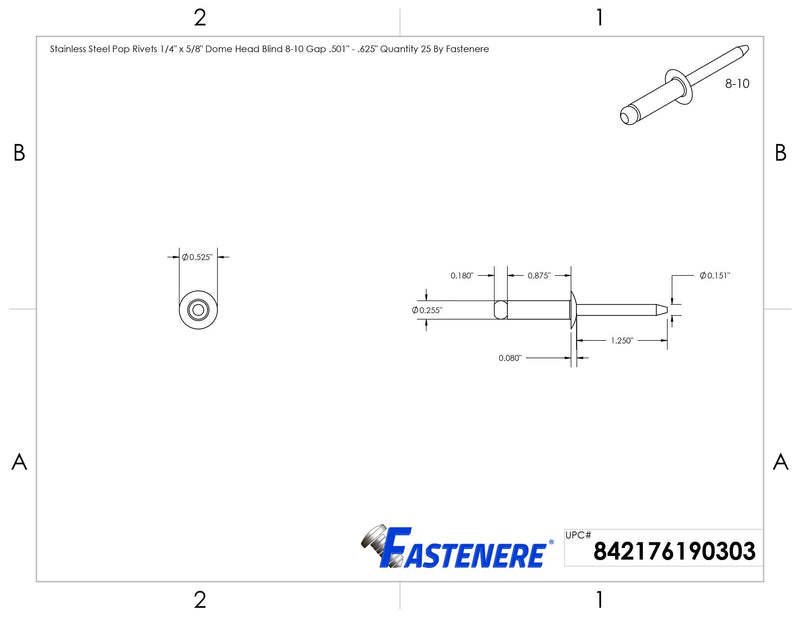 Pop Rivets - 1/4" x 5/8" (25pcs) Heavy Duty, Open-End, Stainless Steel, Dome-Head Blind Rivets, Corrosion-Resistant, High Tensile & Shear Strength, 8-10 Gap 0.501"-0.625" 1/4" x 5/8" (8-10) (25 Pack)