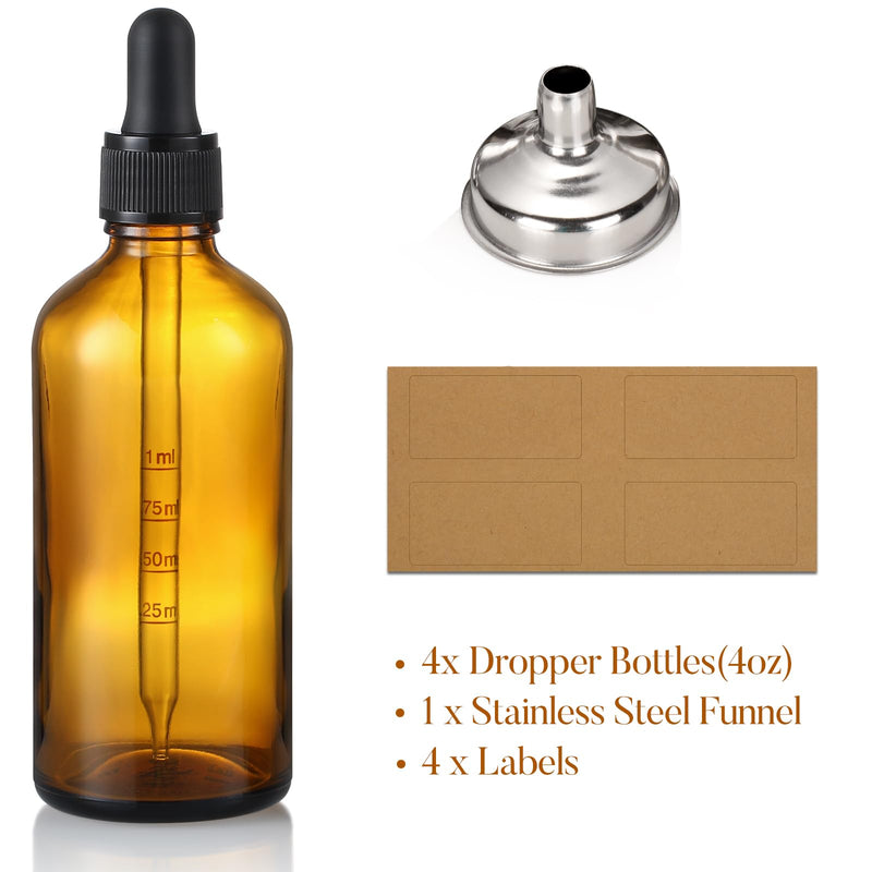 4 oz Dark Amber Glass Dropper Bottles with Measured Dropper, 4 Pack- 120ml Thick Tincture Bottles with Measurement Eye Dropper, Leakproof Essential Oils Bottles for Health, Personal Care & Beauty