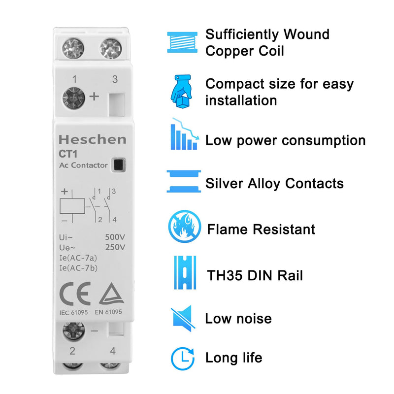 Heschen Household AC Contactor, CT1-16, Ie 16A, 2 Pole, 2 NO, Two Normally Open, 35mm DIN Rail Mount (DC12V Coil Voltage) DC12V Coil Voltage
