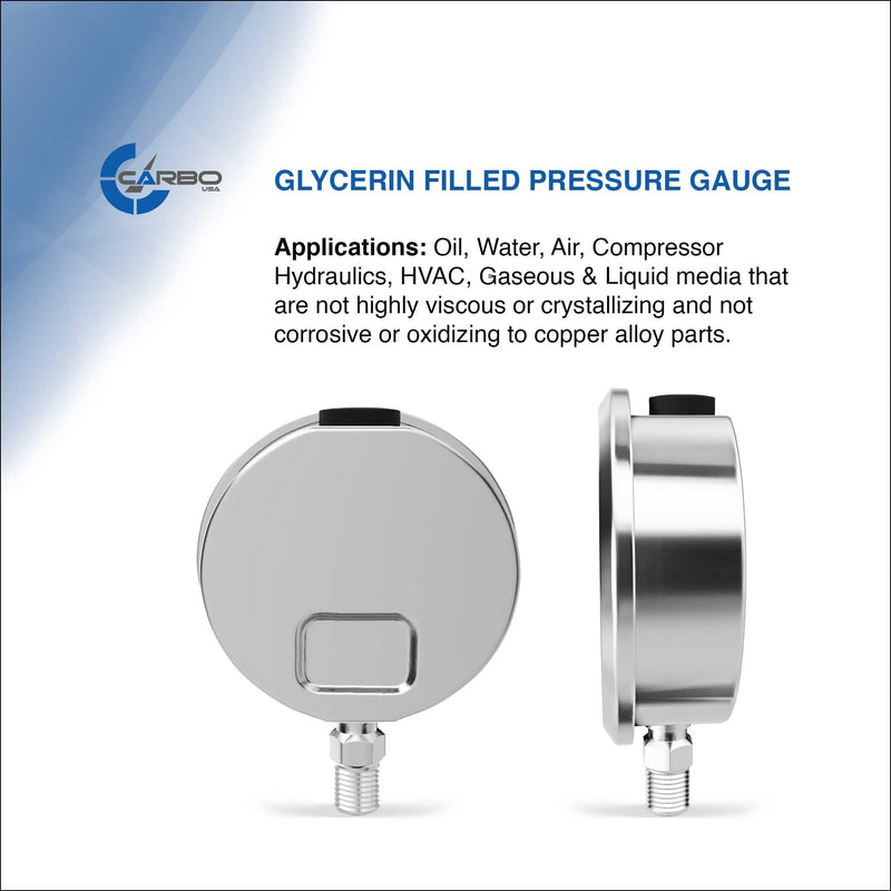 Stainless Steel Pressure Gauge Dual Display (0-200 psi/kPa) - 2 1-2" Glycerine Liquid Filled Water Air Oil Gas Gauge with Polycarbonate Lens & Brass Connection - 1/4" NPT Lower Mount 0-200 psi