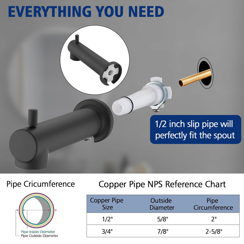 Slip on Extra Long Tub Spout with Diverter Universal Tub Diverter Spout for 1/2" Copper Water Pipe, Matte Black
