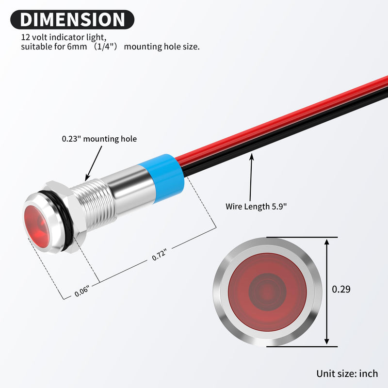 DaierTek LED Indicator Light 12V Red LED 6MM Metal Waterproof 12 Volt Indicator Light 1/4" Flat Head Pilot Light Panel Mount with Wire for Automotive Car -10Pcs 10pcs