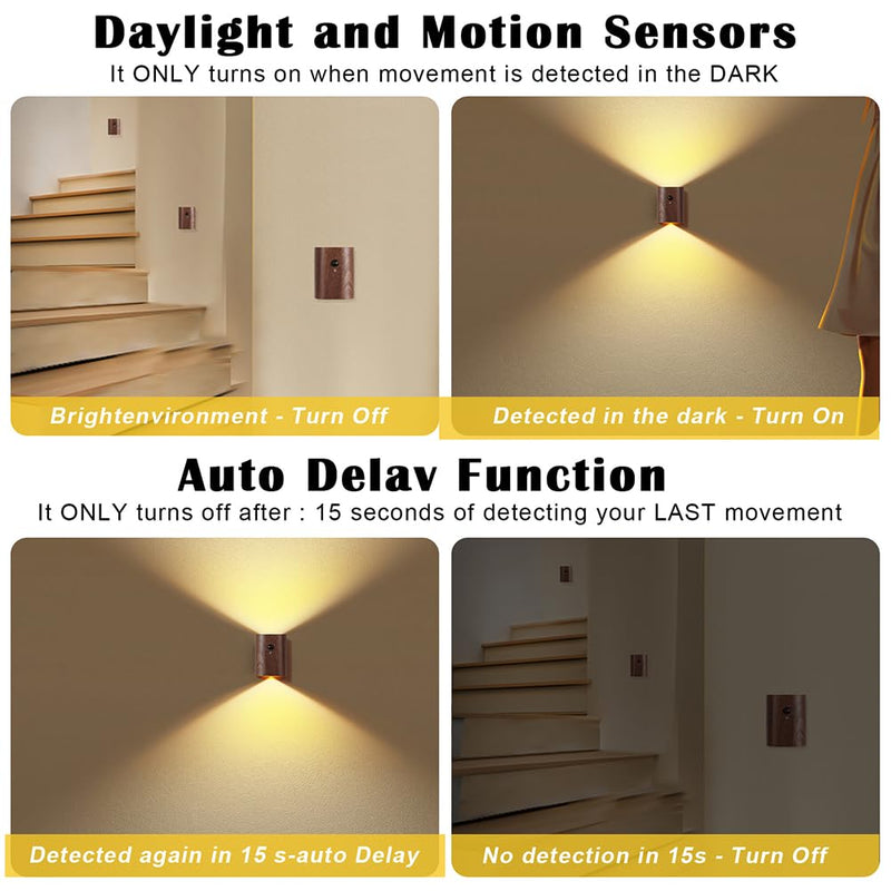 LANDGOO Intelligent Linkage LED Step Lights Wall Lamp, 2700-3000K Wooden Motion Sensor Stairs Night Light, Rechargeable for Stairs Hallway(Walnut Wood 2ps) Walnut Wood 2ps