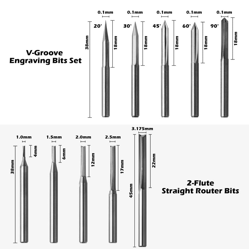 50pcs Tungsten Carbide End Mill Router Bits, 1/8'' Shank CNC Bit Set Including 2-Flute Straight Bit, Flat Nose & Ball Nose End Mill, PCB Drill & V-Groove Engraving Bits, Nano Blue Coat, MC50A