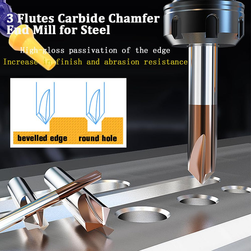 Carbide Chamfer End Mill 90 Degree 1/4" Shank Dia - Carving Bits, V Groove,Tisin Coated 3 Flute - for Alloy Steels, Hardened Steels 1/4" 90° for Steel