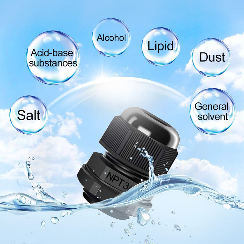 AIRIC 3/4" NPT Cable Glands Nylon PA66, IP68 Waterproof Adjustable Power Strain Relief Cord Grips, Junction Box Wire Gland Grip Connectors with Gaskets and Locknut, Black 6 Pcs NPT 3/4" 6pcs