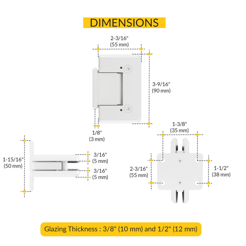 Brixwell Glass to Wall Mount Shower Door Hinge, Solid Forged Brass, White, with Short Back Plate, 3/8" and 1/2" Glass Thickness, 3-9/16" Height, Frameless Shower Hardware