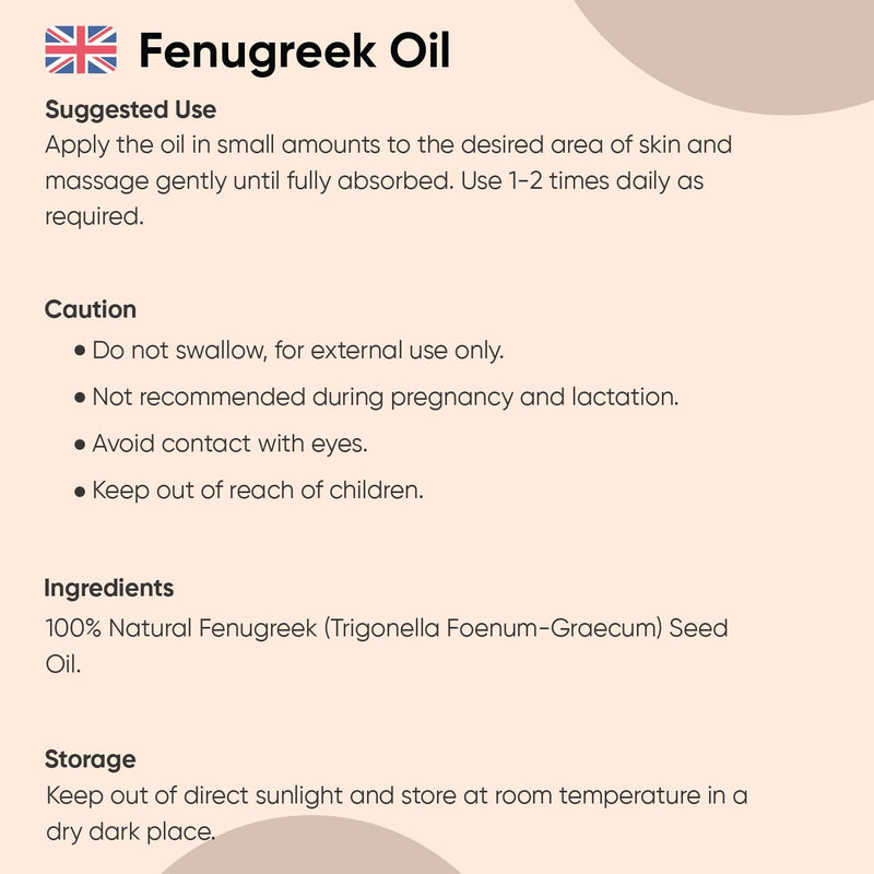 Fenugreek Oil 100ml - Pure Cold Pressed Fenugreek Extract Oil For Skin, Body, Nails & Hair - Fenugreek Essential Oil For Beard growth, Hair Growth & Toned Skin - Vegan Friendly - For Both Women & Men