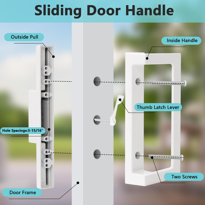 Sliding Door Handle Replacement, Reversible Keyless Sliding Patio Door Handle Fits Door Thicknesse is 1-3/4'' to 2-1/5'' and 3-15/16'' Screw Hole Spacing. White Handles Only