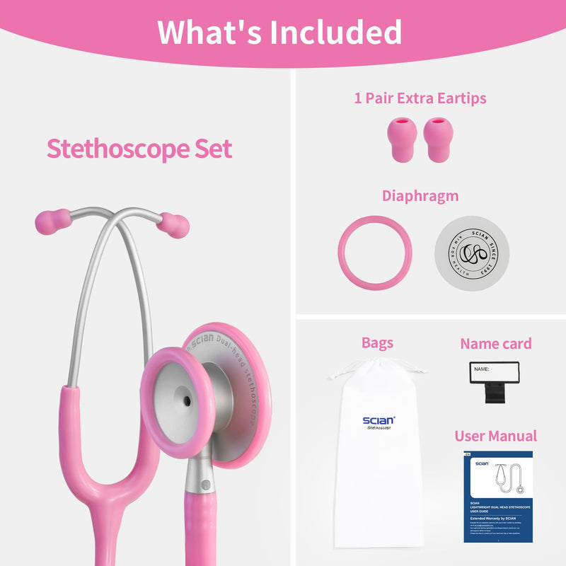 Scian 30G-PK Stethoscope - High-Fidelity Acoustics, Lightweight Aluminum, Satin Tube for Pediatrics & Nursing - Nurse Essentials in Pink