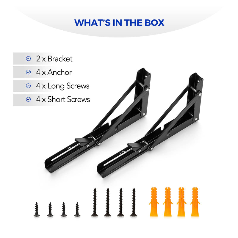 Ravinte Folding Shelf Brackets - Heavy Duty Shelf Brackets Matte Black 10 Inch Collapsible Shelf Brackets, Folding Bracket for Table Bench, Space Saving for Bench Table 2 Pack