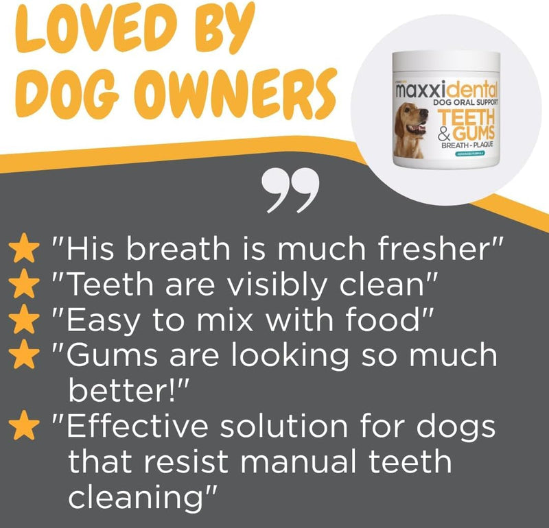maxxipaws maxxidental Dog Dental Powder | Oral Care Supplement for Teeth, Gums, Plaque, Tartar and Fresh Breath | Kelp, Zeolite, Papain, Probiotics | Easy Sprinkle Formula | 5 oz
