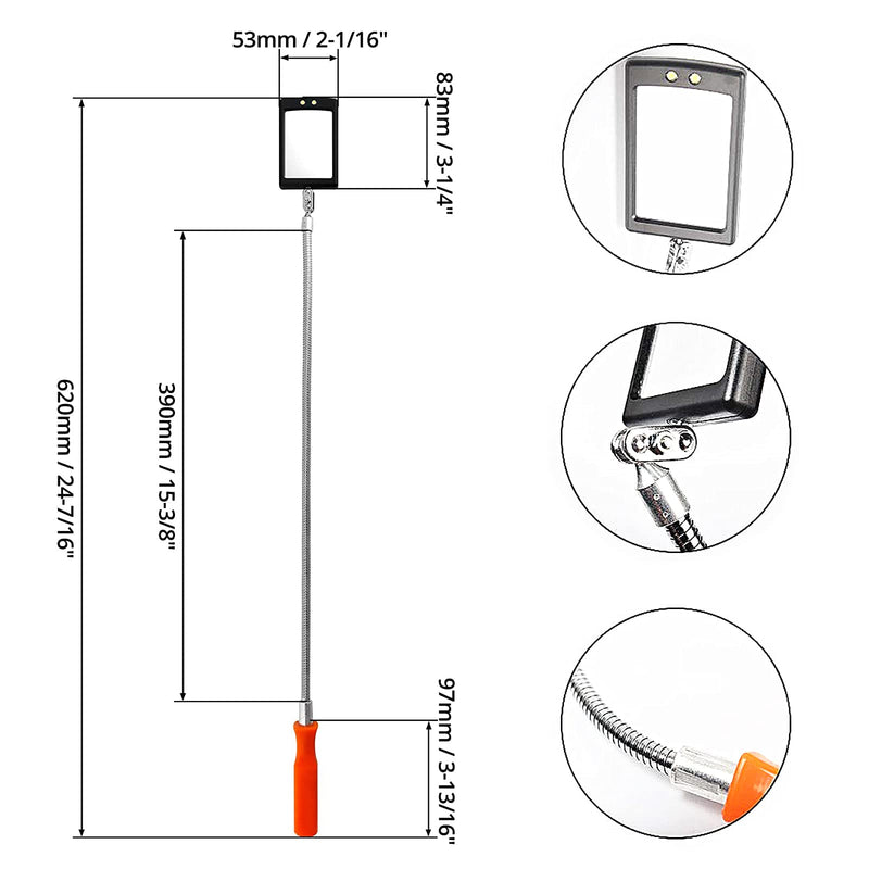 Home Inspection Mirror Flexible with Light telescoping led Stainless Replacement 360 Swivel for Extra Viewing，Present for Christmas, Birthday Father's Day Everyday Carry