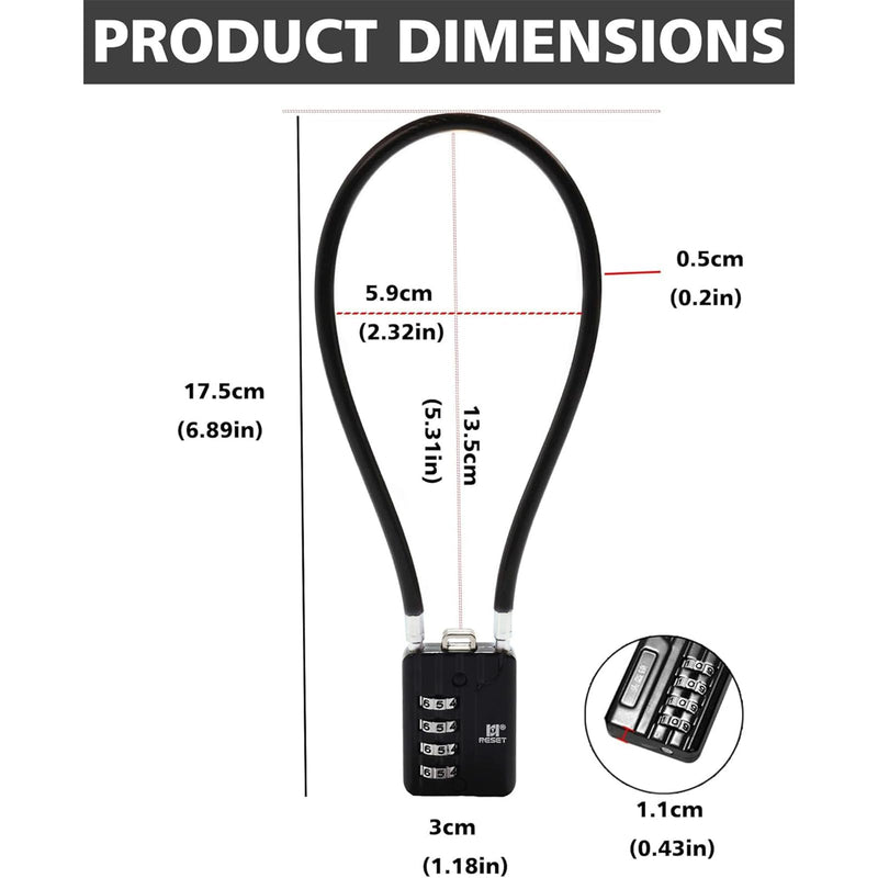 RESET-201 (1 Pack) 4 Digit Combination Padlock with 12 inch (30cm) Steel Cable,Cable Lock for Trash Can, Locker, Gym Locker, Luggage, Suitcase, Gun Case, Trigger,Helmet, 5mm Diameter, Black 1 30cm(12 inch)Cable