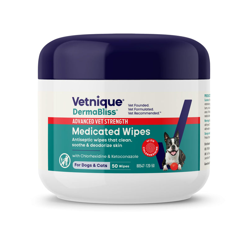 Vetnique Dermabliss Chlorhexidine for Dogs & Cats Wipes - Ketoconazole Medicated Antibacterial & Antifungal Skin Wipes for Hot Spots, Yeast Infection, Yeasty Paws, Itch & Smelly Folds, 50 Count Small 50 Count (Pack of 1) Medicated Skin Wipes