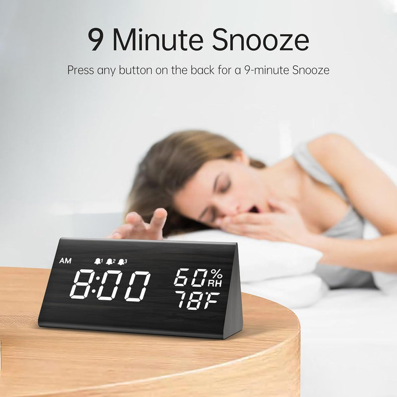 Digital Alarm Clock, with Wooden Electronic LED Time Display, 3 Alarm Settings, Humidity & Temperature Detect, Wood Made Electric Clocks for Bedroom, Bedside (Black) Black
